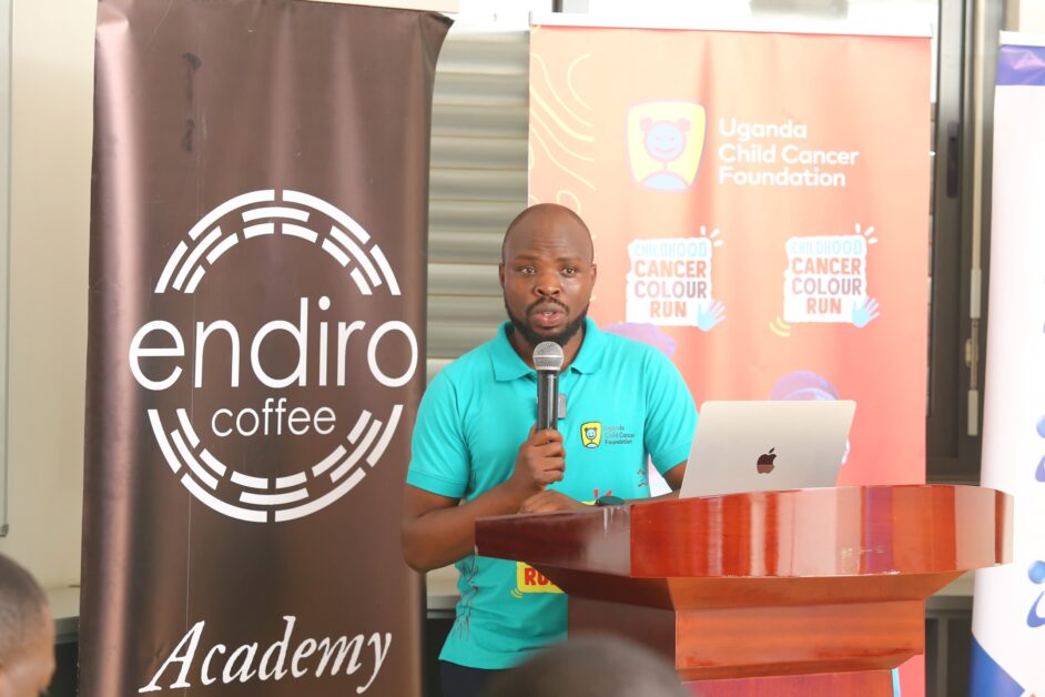 Moses Echodu, Executive Director of the Uganda Child Cancer Foundation, delivers opening remarks, emphasising the urgent need to support children to stay in treatment and improve survival outcomes.