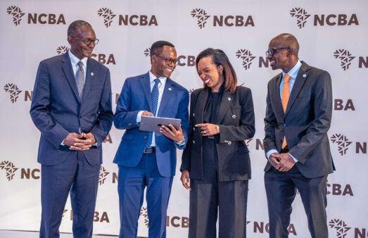 (Left-Right): NCBA Group Director Finance David Abwoga, Group Managing Director and CEO John Gachora, and Group Director Regional Business Strategy Louisa Wandabwa and Raphael have a light moment during the release of the Group’s results in Nairobi, Kenya.