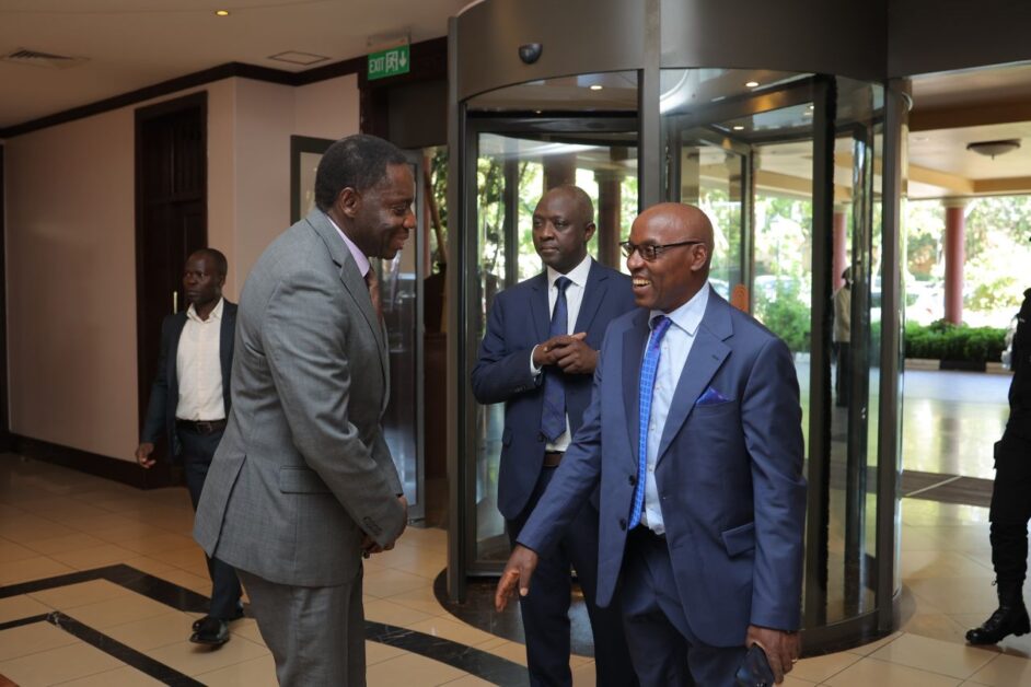 Bank of Uganda Governor Dr Michael Atingi-Ego (left) greets Chief Justice Dr Flavian Zeija upon arrival at the Judicial Officers’ Colloquium on Alternative Dispute Resolution in Commercial Dispute Resolution at Serena Hotel, Kigo, on April 9, 2026.