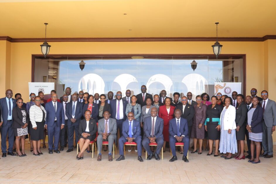 Judicial officers, financial sector leaders, and stakeholders pose for a group photo at the ADR Colloquium in Kigo, where Chief Justice Flavian Zeija and BoU Governor Michael Atingi-Ego called for a coordinated multi-stakeholder approach to unlock trillions of shillings tied up in commercial disputes and strengthen Uganda’s economic growth.