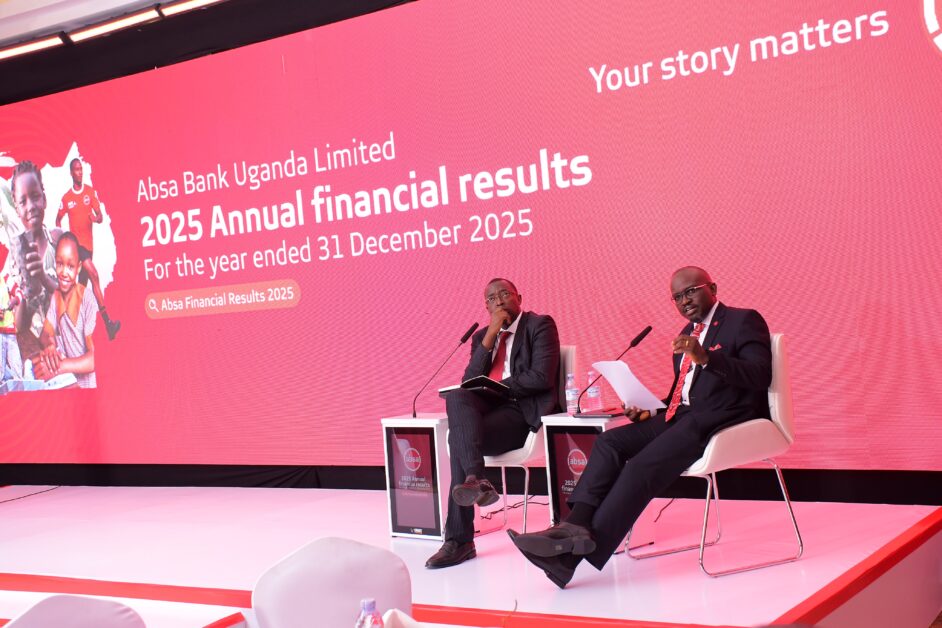 Michael Segwaya (left), Chief Financial Officer and Executive Director, and Managing Director David Wandera engage during the 2025 results breakfast—providing insights into the bank’s strong financial performance, strategic direction, and the disciplined execution underpinning Absa Uganda’s accelerated growth.