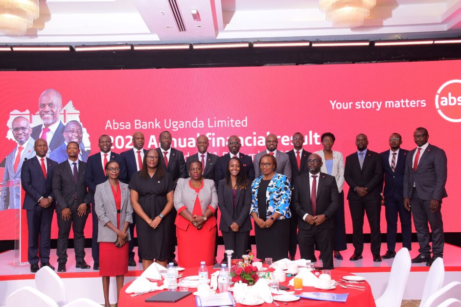 Senior executives, board members, and group leadership of Absa Bank Uganda at the 2025 results presentation—a collective force behind the bank’s standout performance, reflecting the strength of its people, depth of leadership, and a shared commitment to executing strategy, driving growth, and delivering impact at scale.