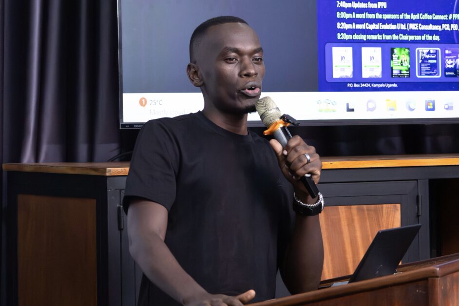 Ronald Tumuhairwe, Manager Local Content at PPDA, speaks during the IPPU Coffee Connect at Fairway Hotel, calling for a shift from compliance-driven processes to value-focused procurement that delivers real outcomes.
