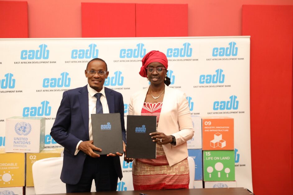EADB Acting Director General Benard Paul Mono (left) and a United Nations Rwanda representative following the signing of a Memorandum of Understanding to support SMEs and youth entrepreneurs, concluded on the sidelines of the Bank’s Board meeting last week.