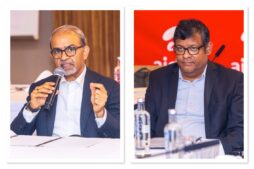 Airtel Africa CEO Sunil Taldar (left) and Airtel Uganda Managing Director Soumendra Sahu during a media engagement in Kampala. Taldar highlighted Uganda as a strategic priority market, noting the strong financial performance and growth delivered under Sahu’s leadership.