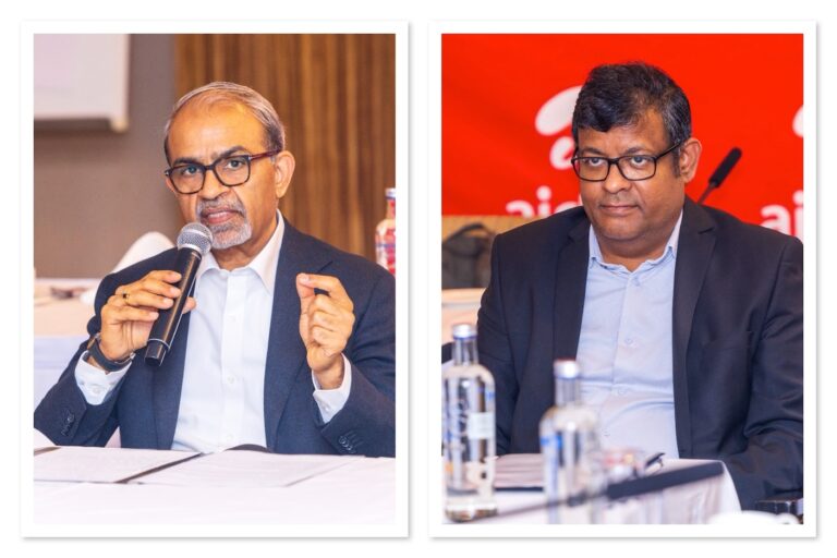 Airtel Africa CEO Sunil Taldar (left) and Airtel Uganda Managing Director Soumendra Sahu during a media engagement in Kampala. Taldar highlighted Uganda as a strategic priority market, noting the strong financial performance and growth delivered under Sahu’s leadership.