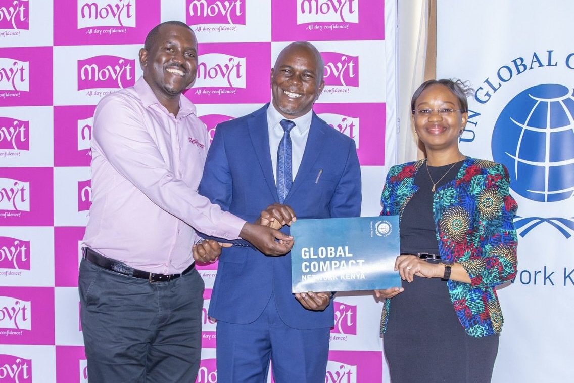 (L–R) Ms Judy Njino, Executive Director, UN Global Compact Network Kenya; Mr Benard Ouma, Chief Commercial Officer – Southern Markets, Movit Products Limited; and Mr Patrick Mwesige, Country Business Manager – Kenya, Movit Products Limited, during the presentation of Movit’s UN Global Compact sustainability certification.