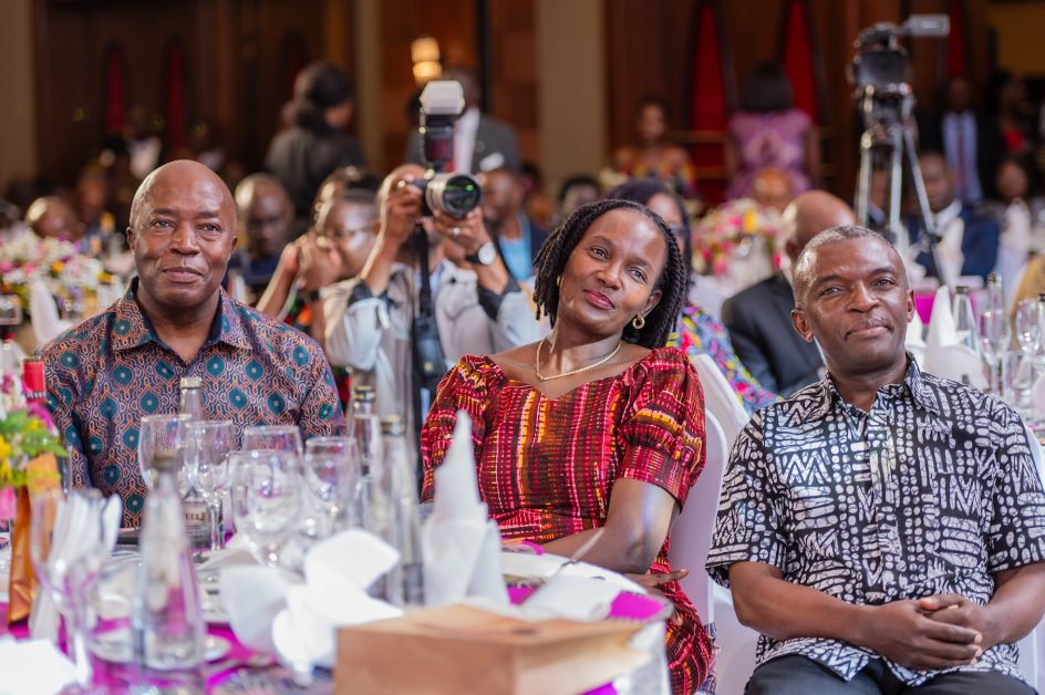 Francis Kamulegeya, his wife Sophie and Omutaka Namugera Kakeeto, the Head of the Mutima Clan, follow proceedings during the launch of And Then What? at Kampala Sheraton Hotel.