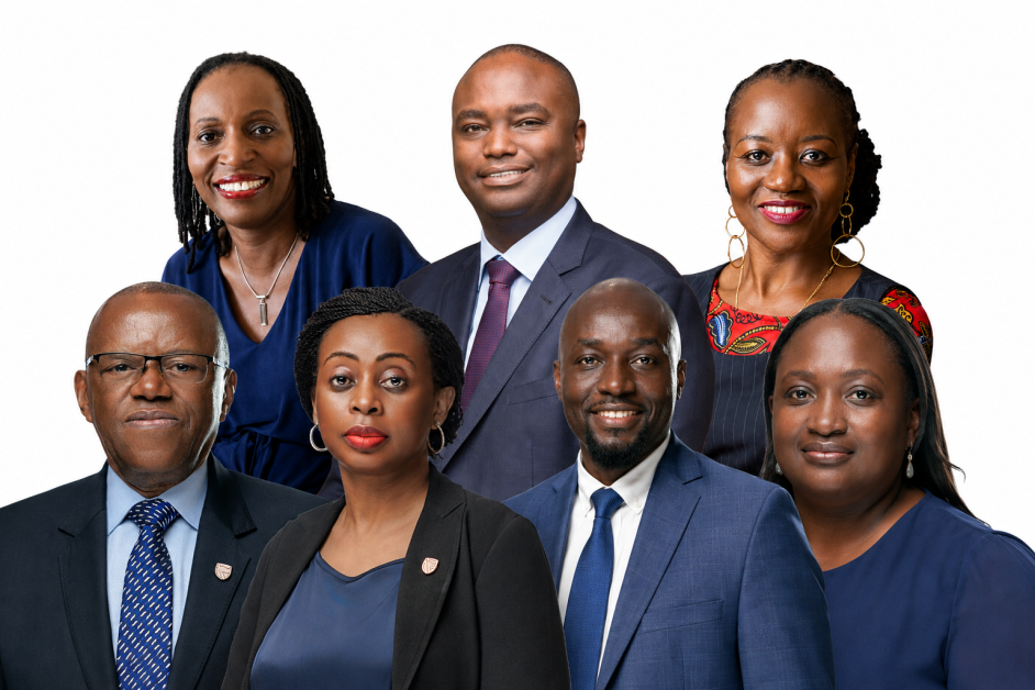 The seven Stanbic Bank Uganda directors reportedly linked to the disputed board resolution at the centre of the unfolding governance controversy. Front row (L–R): Damoni Kitabire, Josepha Ndamira, Kenneth Patrick Ogwang and Kim Kamarebe. Back row: Florence Nanteza, Patrick Mweheire and Eva Grace Kavuma.