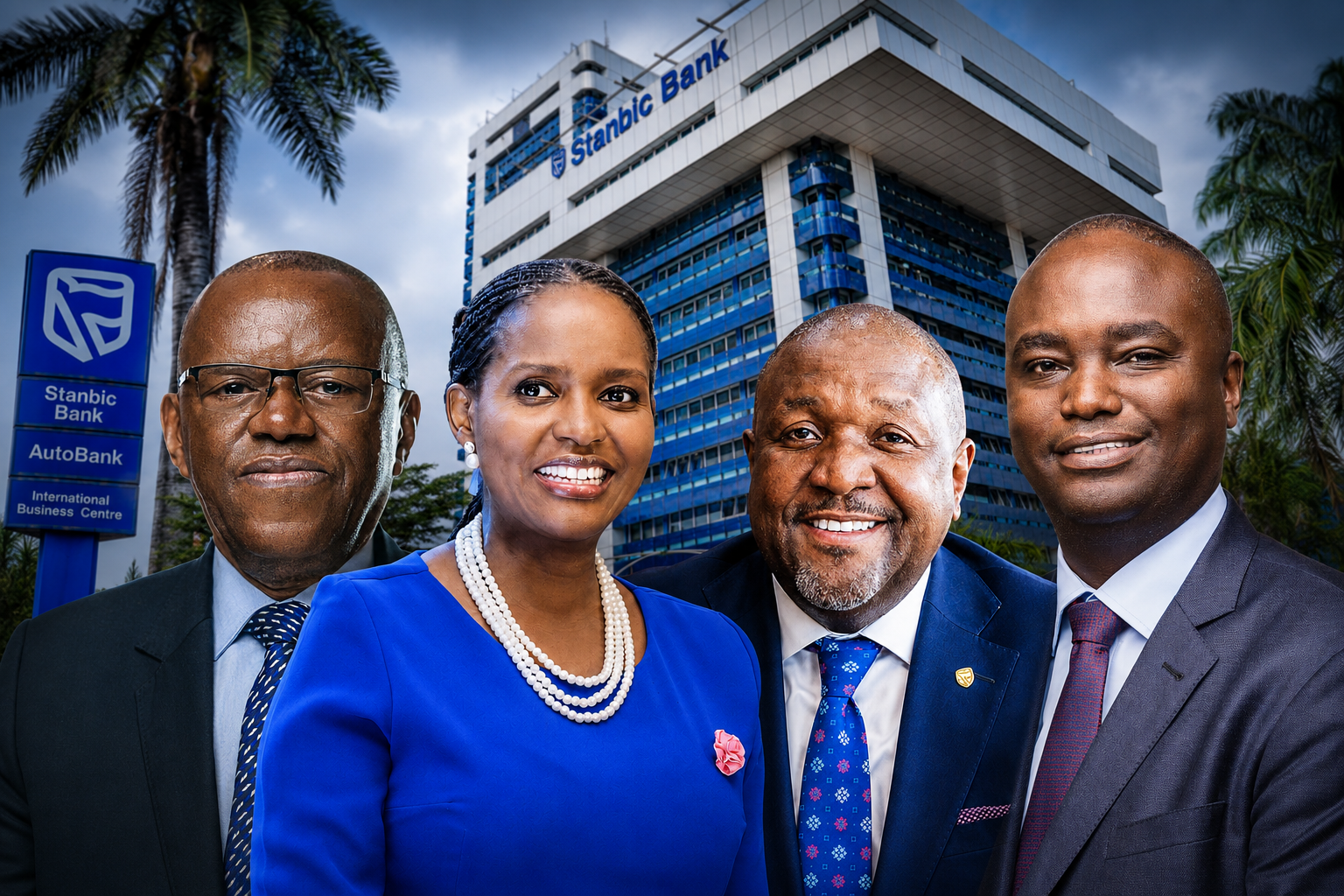 At the centre of the storm: Former Stanbic Bank Uganda Chief Executive Anne Juuko (second left) stands alongside some of the most influential figures in the Standard Bank ecosystem — Stanbic Bank Uganda Board Chairperson Damoni Kitabire (left), Andrew Mashanda (right), former Chief Executive of Stanbic Uganda Holdings Limited (2nd right) and former Standard Bank Group East Africa Regional Chief Executive Patrick Mweheire (right).