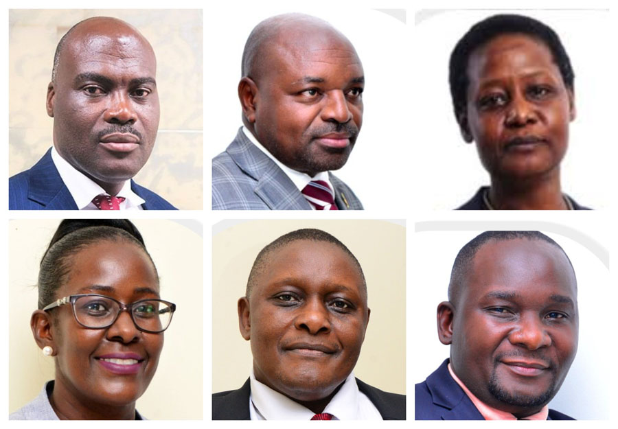 A photo collage of managing director, Paul Mwesigwa, who government says is on forced leave, former chief engineering and technical services officer Protaze Tibyakinura, former company secretary Esther Naikoba Mulyagonja, former head internal audit Justine Nakagiri Ssemwanga, former head human resource and administration Boniface Barongo, and former head corporate and stakeholder affairs Jonan Kiiza. The six are among the seven senior officials who have been replaced by other officials, the majority of whom are holding the positions in an acting capacity.